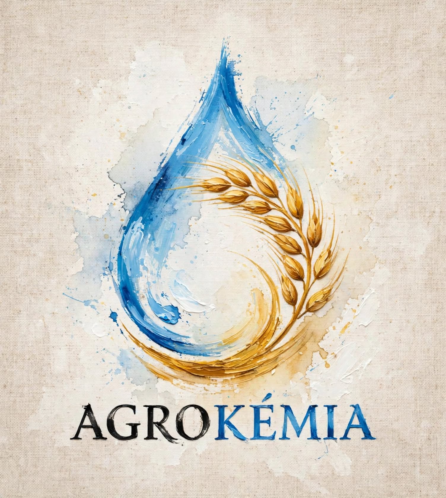 Kék csepp alakú logó arany búzakalászokkal és AGROKÉMIA felirattal fehér háttéren.